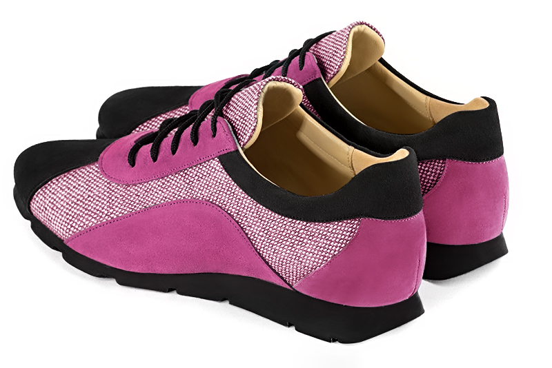 Matt black and carnation pink women's two-tone elegant sneakers. Round toe. Flat rubber soles. Rear view - Florence KOOIJMAN